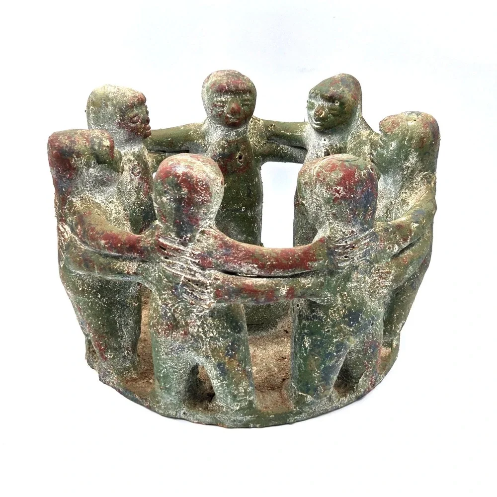 Vintage LARGE Terracotta Circle of 7 Friends Aztec/Mayan Candle Holder‎